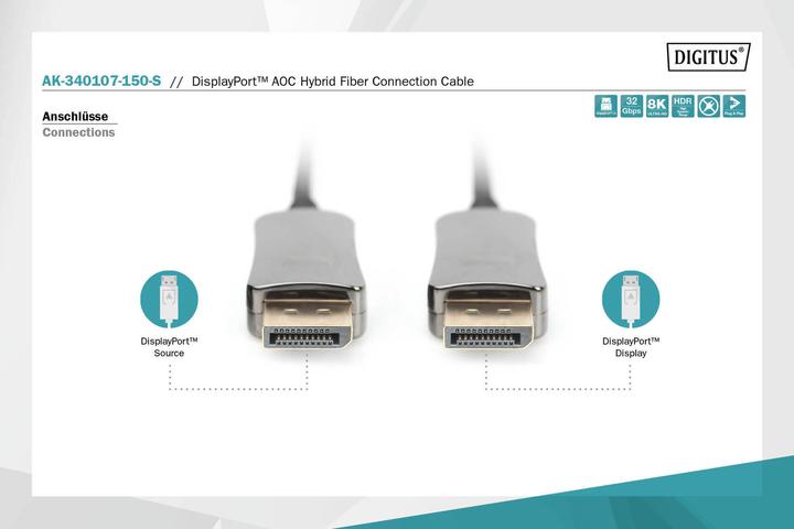 Actual product image Digitus DisplayPort™ AOC Hybrid Fiber Optic Cable, UHD 8K, 15 m (15 m, DisplayPort, 1.4)
