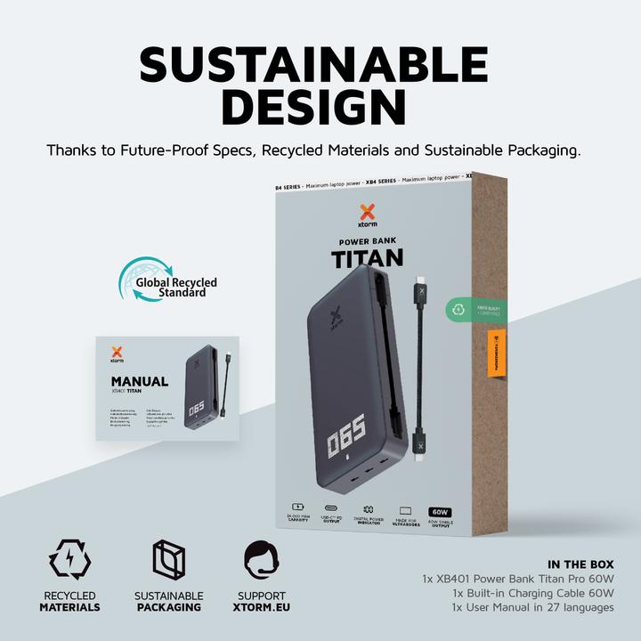 Actual product image Xtorm Titan Fan Edition 60W Powerbank 24000mAh - Laptop Powerbank - 3 x USB-C PD - LED scherm - Geschikt v (24000 mAh, 90 W)