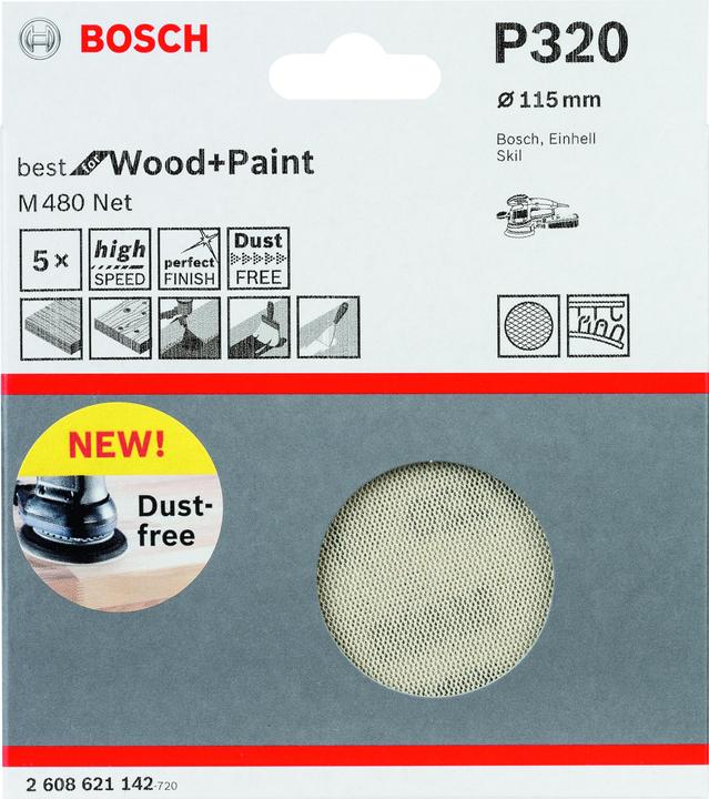 Immagine prodotto Bosch Professional Foglio di levigatura M480 Net. Migliore per legno e vernice. 115 mm. 320. Confezione da 5 (320)