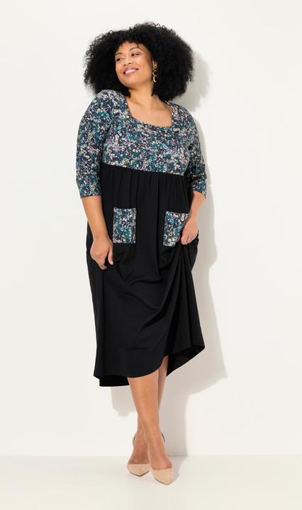 Produktbild Ulla Popken Jersey-Maxikleid, Blüten, Carree-Ausschnitt, 3/4-Arm (46, 48)
