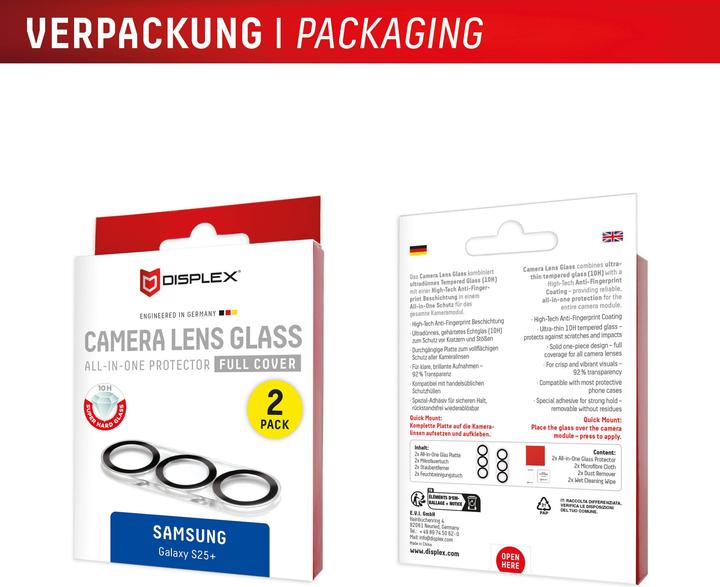 Produktbild Displex Full Cover Camera Lens Glass, Kamera Schutzglas, Platte, Doppelpack (2 Stück, Samsung Galaxy S25+)