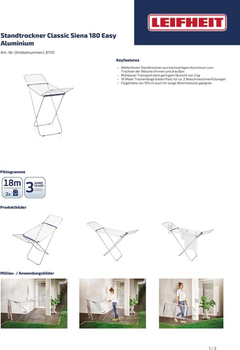 Produktbild Leifheit Standtrockner Classic Siena 180 Easy Aluminium (18 m)