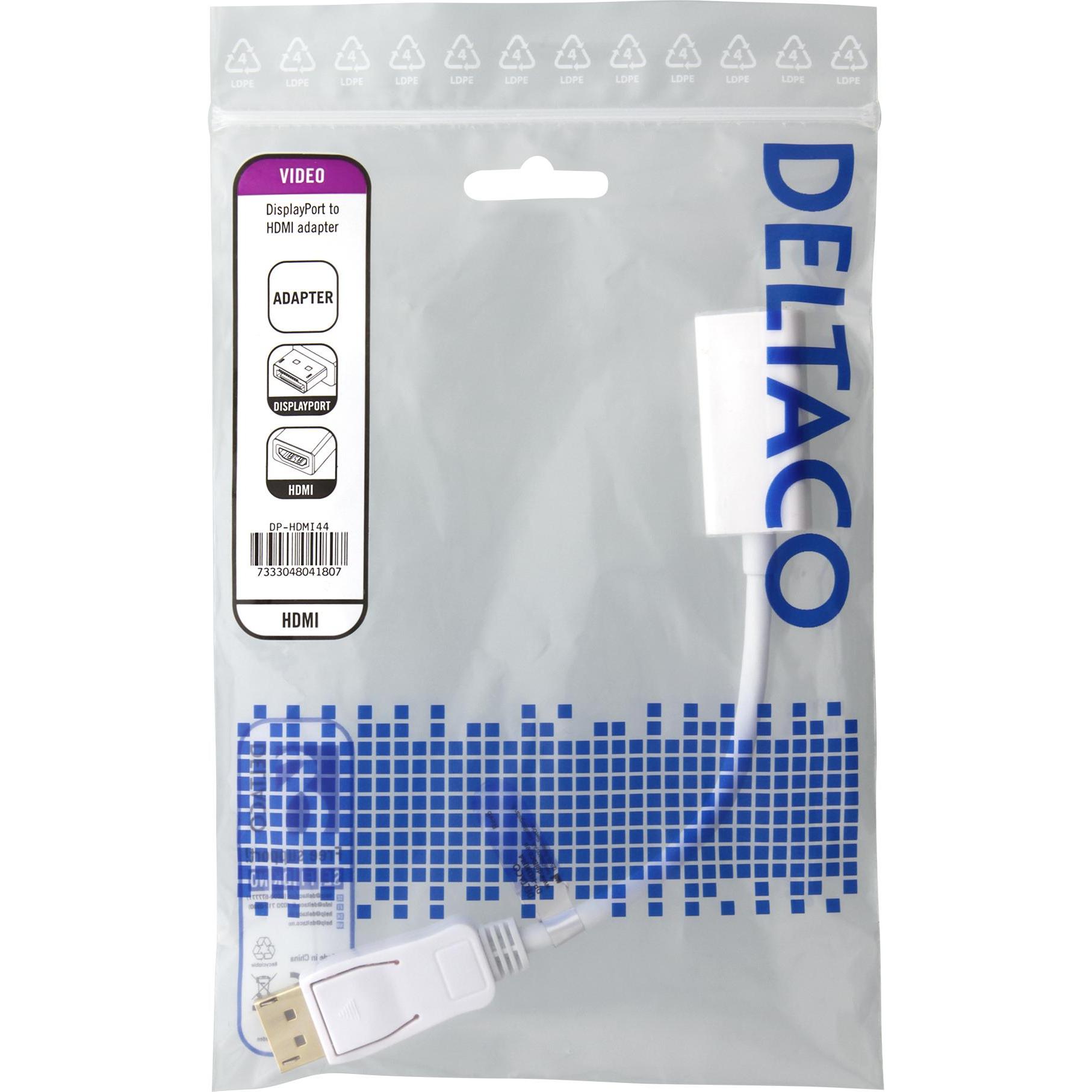 Thumbnail - Deltaco DP-HDMI44 video cable adapter DisplayPort HDMI Type A (Standard) White (HDMI, 20 cm), Data + Video Adapter, Weis...