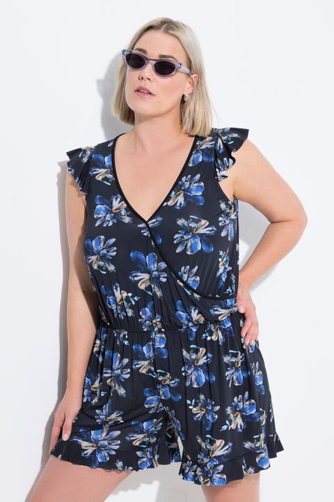 Image du produit Ulla Popken Robe de bain avec short, motif à fleurs, bonnets souples et matières recyclées (48)