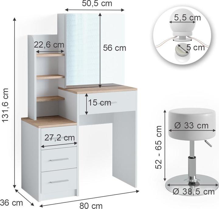 Image du produit Vicco Conrada avec tabouret et éclairage (80 x 36 x 131,5 cm)