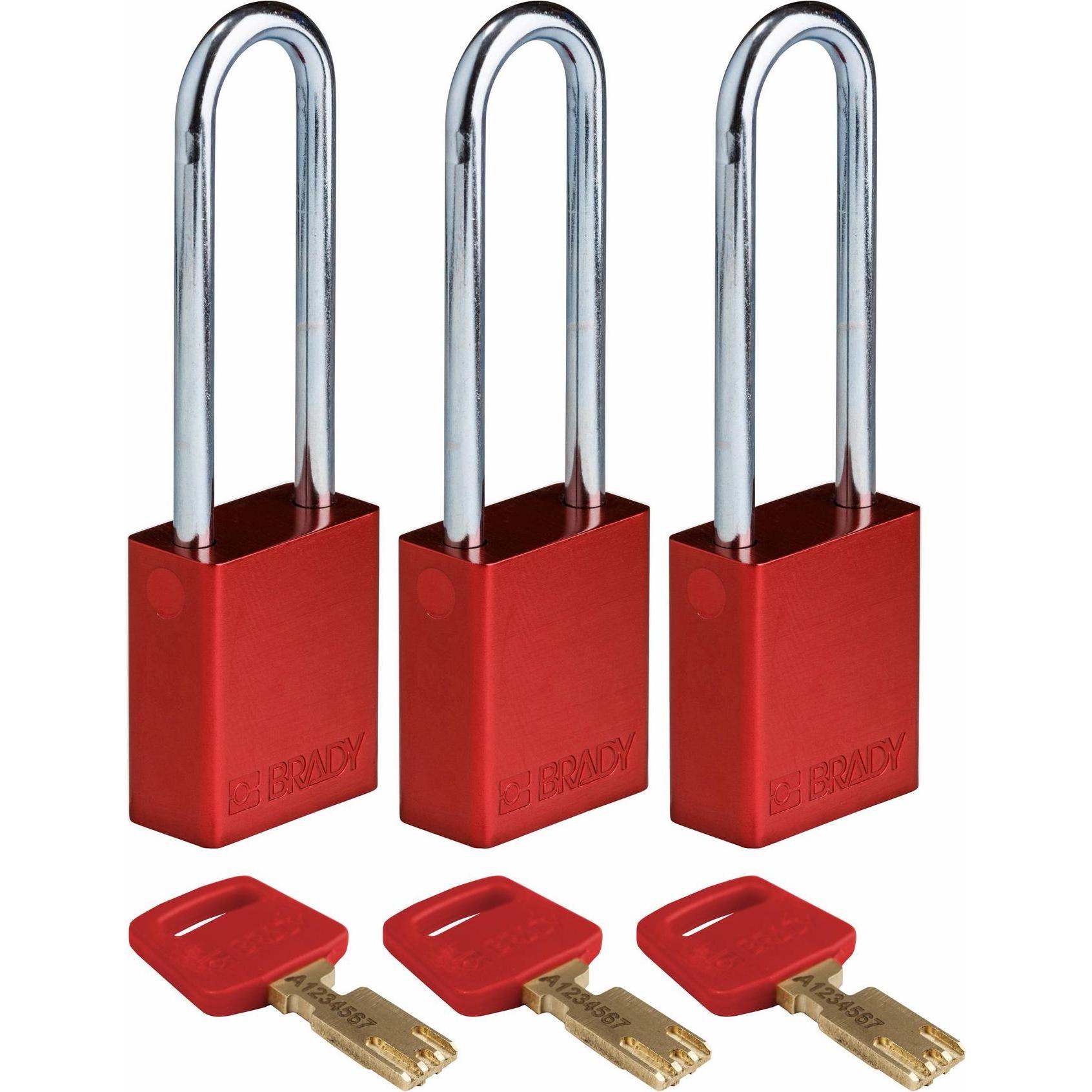Brady, Vorhängeschloss, Safekey Aluminium-Vorhängeschloss mit Stahlbügel, Rot, 76 mm Bügelhöhe, 6.4 mm Bügeldurchmes