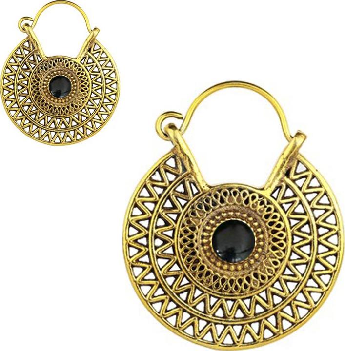 Image du produit Star Piercing Boucles d'oreilles en plaqué or deux rangées de zigzags avec pierre onyx (Laiton, Minéral)