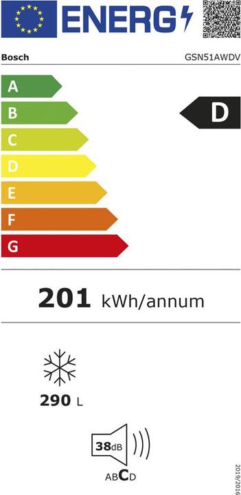 Label énergétique Bosch Hausgeräte GSN51AWDV Gefrierschrank 290 Liter (Autonome, 290 l)