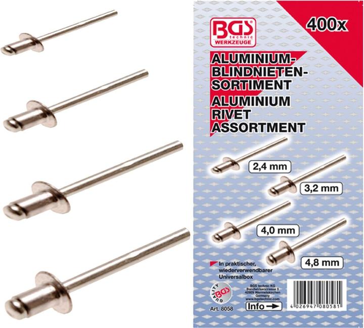 Immagine prodotto BGS Assortimento di rivetti ciechi | alluminio | Ø 2,4 - 4,8 mm | 400 pezzi.
