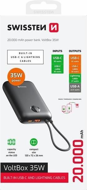 Image du produit Swissten Power Bank Voltbox 35w 20000 Mah With Built-In Cables USB-C and Lightning Black (20000 mAh, 35 W, 35 Wh)