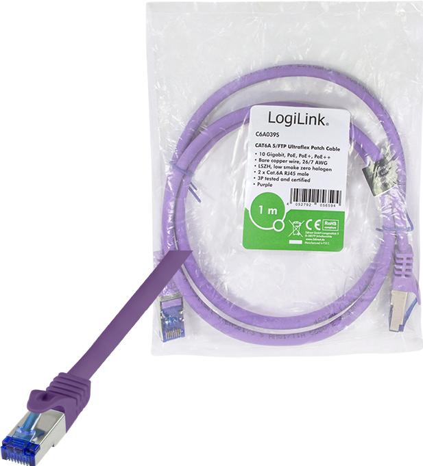 Actual product image LogiLink Patch cable Ultraflex, Cat.6A, S/FTP, 1.0 m, violet (S/FTP, CAT6a, 1 m)