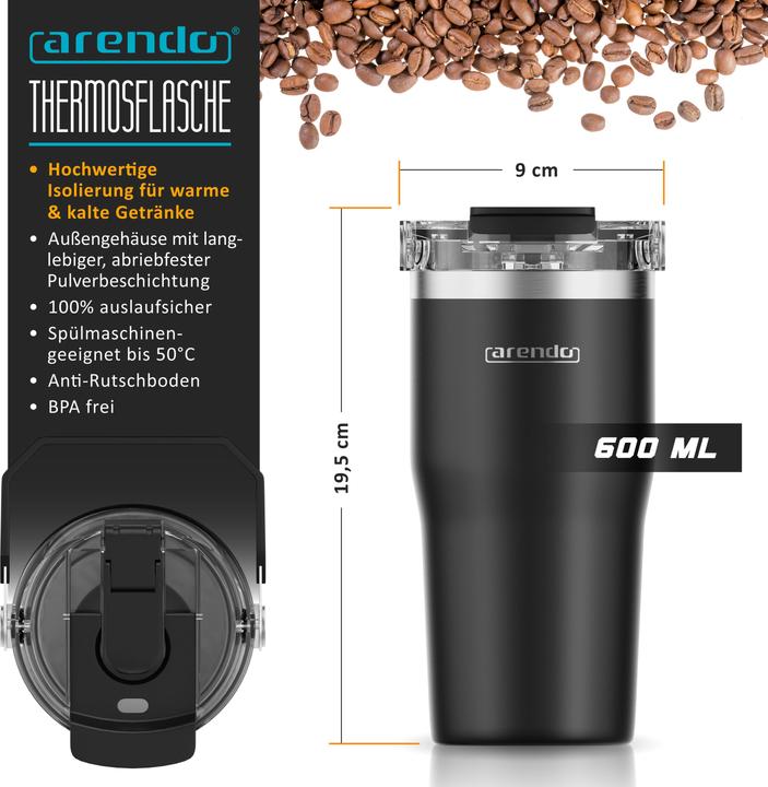 Image du produit Arendo Thermobecher 600 ml, Thermal Mug, Kaffee to go Becher mit Deckel aus Edelstahl 0,6 L, auslaufsicher (0.60 l)