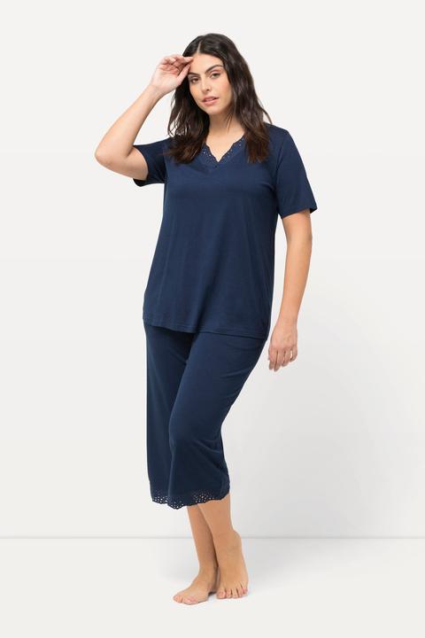 Actual product image Ulla Popken Eyelet Trim V-Neck Super Soft Cotton Blend Pajama Set (50, 52)