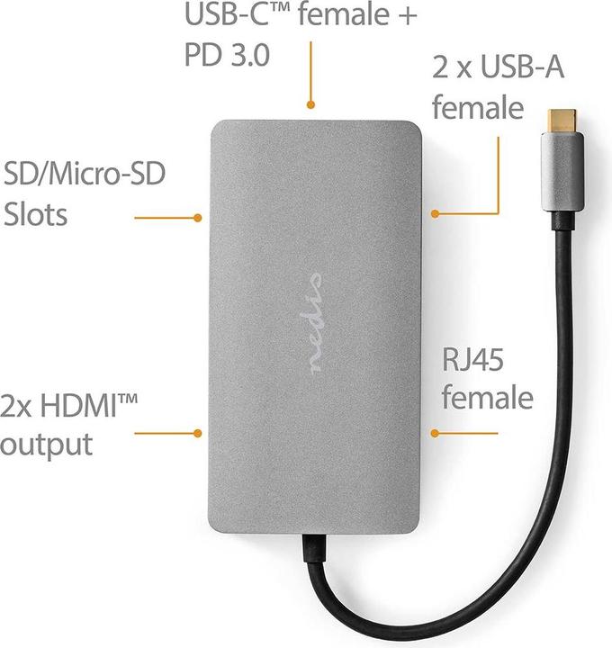Actual product image Nedis USB Multi-Port Adapter | USB 3.2 Gen 1 | USB-C™ Plug | Micro SD / RJ45 Jack / SD / USB-C™ (USB-C, 7 ports)