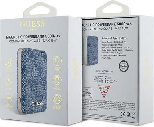 Actual product image Guess Powerbank indukcyjny 15W GUPB5FP4EMGB 5000mAh niebieski/blue 4G Leather Metal Logo MagSafe (5000 mAh, 15 W, 15 Wh)