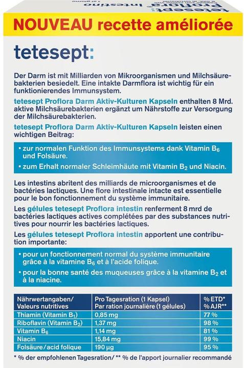 Valori nutrizionali e ingredienti Tetesept Colture attive intestinali Proflora (24 Pezzo/i, Pillole, 12.80 g)