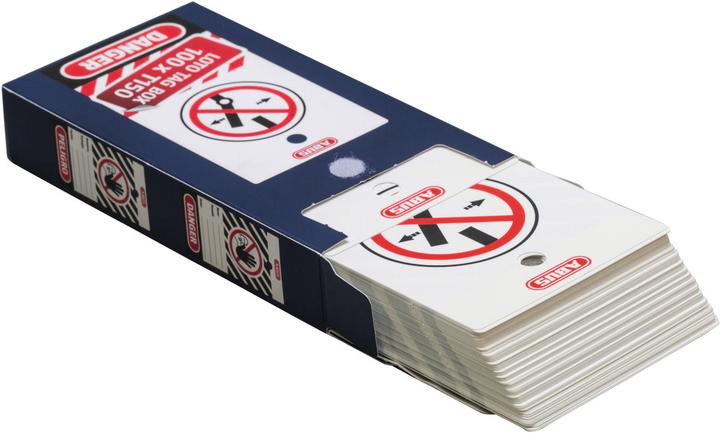 Actual product image Abus LOTO warning tag T100, large, in 150 piece dispenser, red.