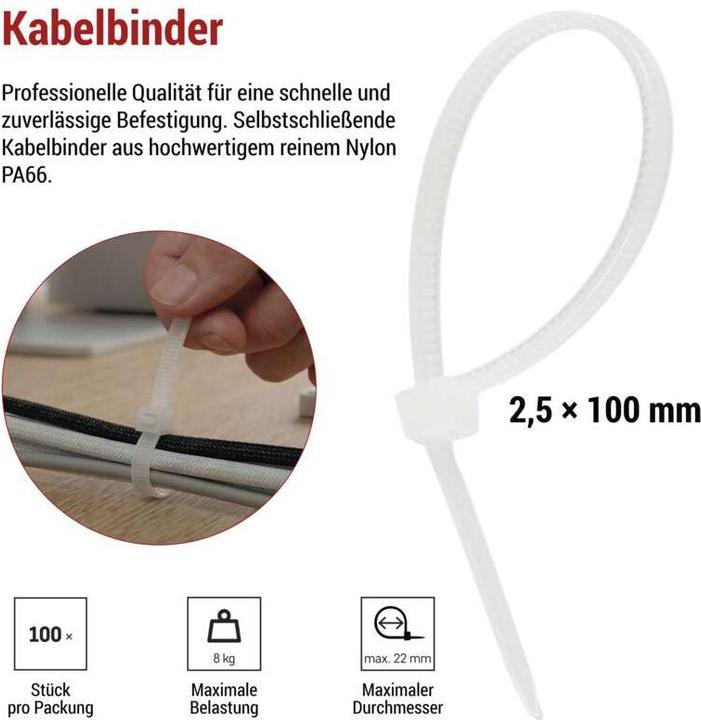 Produktbild Emos Kabelbinder 100×2,5, weiss, 100 Stk (100 mm, 100 Stk.)