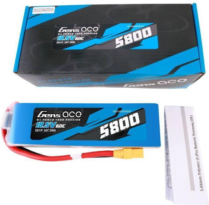 Image du produit Gens Ace 5800mAh 60C 18.5V 5S1P Pack de batteries Lipo avec connecteur XT90 (18.50 V, 5800 mAh)