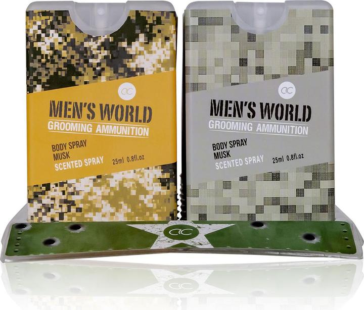 Produktbild Accentra Körperspray MEN'S WORLD, 25ml, 2 Camouflage Motive sortiert, Duft: Oak & Amber, VE 18 im Display / 7 (25 ml)