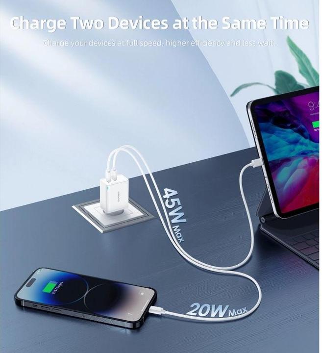 Produktbild Choetech PD6013 2x USB-C PD 65W GaN Wandladegerät – Weiss (65 W, 2 Ports)