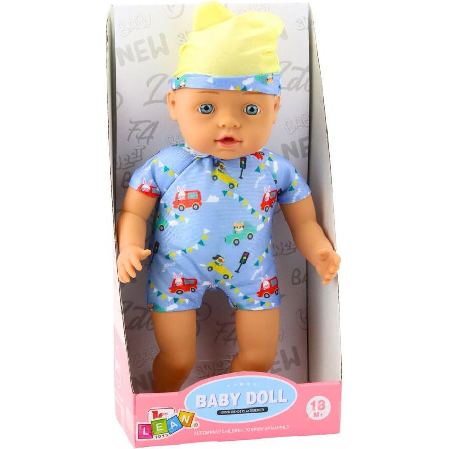Lean Toys Babypuppe Blaue Kleidung mit Mustern Mütze mit Ohren 31cm