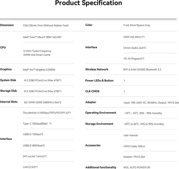 Nährwerte und Zutaten Beelink Mini-PC SEi14 mit Intel Core Ultra 9 185H (Intel Core Ultra 9 185H)