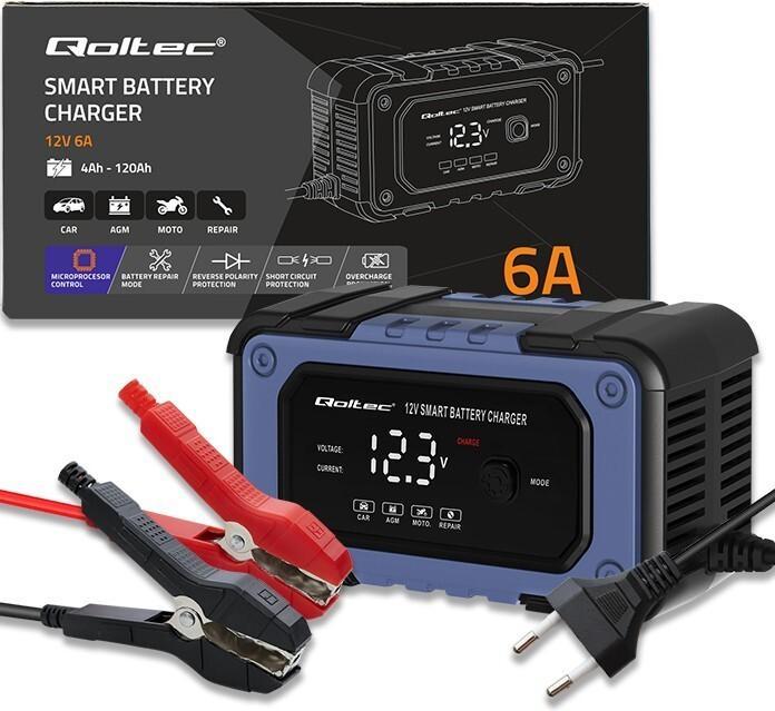 Produktbild Qoltec Prostownik do akumulatora z funkcją naprawy | Inteligentna mikroprocesowa ładowarka| 12V | (12V, 6 A)