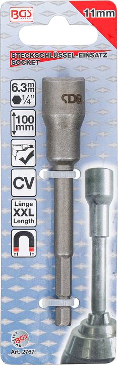 Produktbild BGS Steckschlüssel-Einsatz Sechskant, extra lang für Bohrmaschinen 6,3 mm (1/4") SW 11 mm (11 mm)
