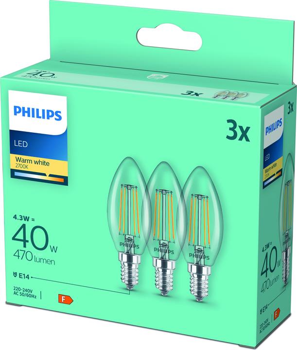 Produktbild Philips LED Kerze Classic (E14, 4.30 W, 470 lm, 3 x, F)