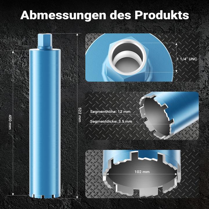 Produktbild Wiltec Diamantbohrkrone Shark Ø102mm Bohrkrone 450mm 1¼ UNC Diamantbohrer Beton (102 mm)