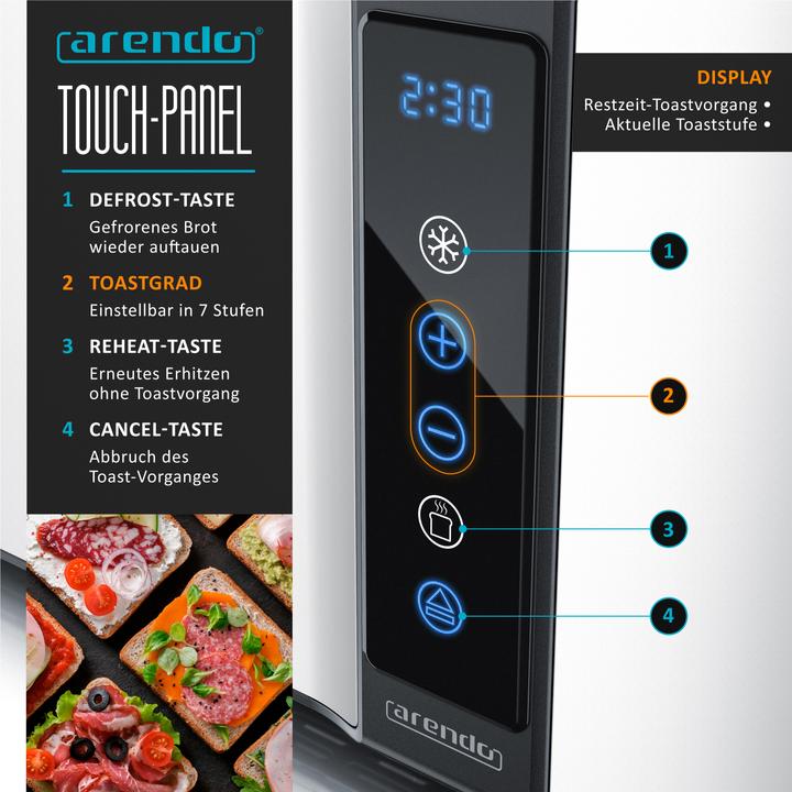Image du produit Arendo Toaster Edelstahl 4-Scheiben Langschlitz, Touchpanel, Display mit Restzeitanzeige, Brötchenaufsatz