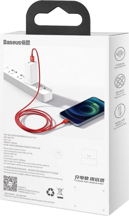 Productafbeelding Baseus Superior Series Kabel USB naar iP 2.4A 1m (rood) (1 m, USB 2.0)
