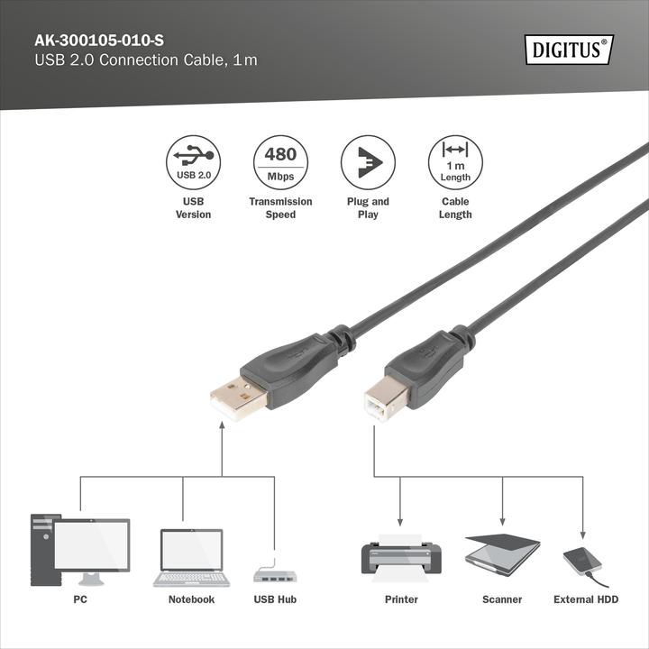 Produktbild Digitus USB2.0 Anschlusskabel, 1 m (1 m, USB 2.0, 2.50 W)