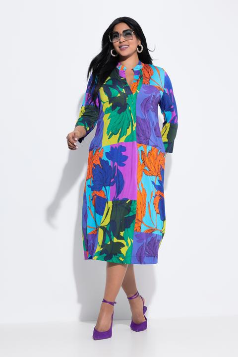 Produktbild Ulla Popken Slinky-Midikleid, Blätter, Stehkragen, 3/4-Arm (58)