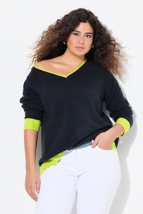 Immagine prodotto Ulla Popken Maglione con orli fluo, scollo a V e maniche lunghe (50, 52)