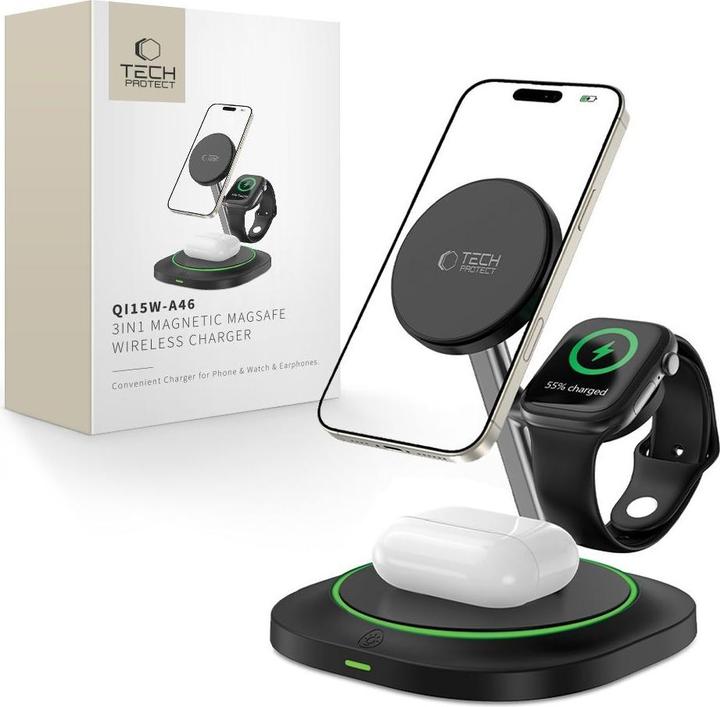 Actual product image Tech-Protect QI15W-A46 3in1 Magnetic MagSafe Inductive Charger - Black (15 W)