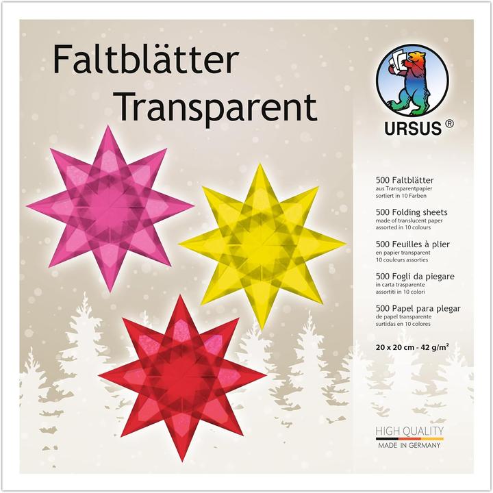 Image du produit Ursus Papier transparent dépliant 20x20cm UE=500 feuilles 10 couleurs assorties (42 g/m², 500 x)