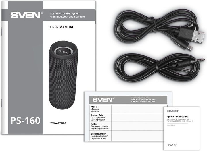 Actual product image Sven PS-160, juodas, power output (RMS), TWS, Bluetooth, FM, USB, Micro SD, lithium battery (USB power delivery)