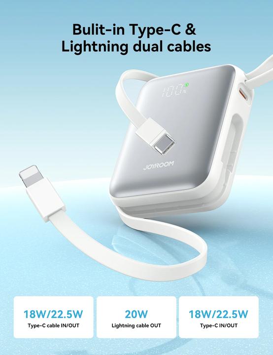 Produktbild Joyroom JR-PBF27 Pro 30W Power Bank with Built-in Type-C Cable & Extra C-to-L Cable 10000mAh - White (10000 mAh, 30 W, 38.50 Wh)