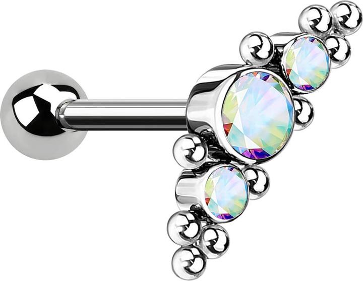 Produktbild Star Piercing Micro Threadless Barbell silber mit Kugel und mittig mit Kugeln und drei Kristallen multicolor (ohne Messing, Titan)