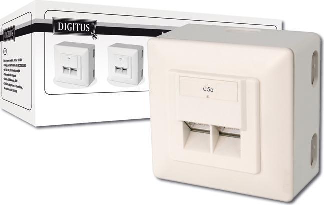 Actual product image Digitus 5x surface mount data junction box 2xRJ45 40 degree socket angle white Cat5e fully shielded RAL 9010 (Network cable)