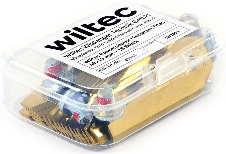 Actual product image Wiltec Rasenroboter Messer Set Titan 49x19mm 18 Stück Mähroboter Rasenmäher (Mowing robot, Lawn mower blades + replacement blades garden machinery)