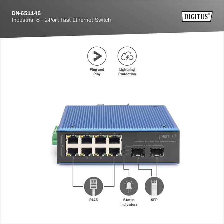 Immagine prodotto Digitus Switch Fast Ethernet industriale a 8+2 porte (8 porte)