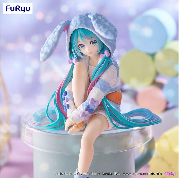 Actual product image Furyu Hatsune Miku Noodle Stopper PVC Statue Hatsune Miku Rabbit Ear Hood Pajama Blue Color Ver. 14 cm