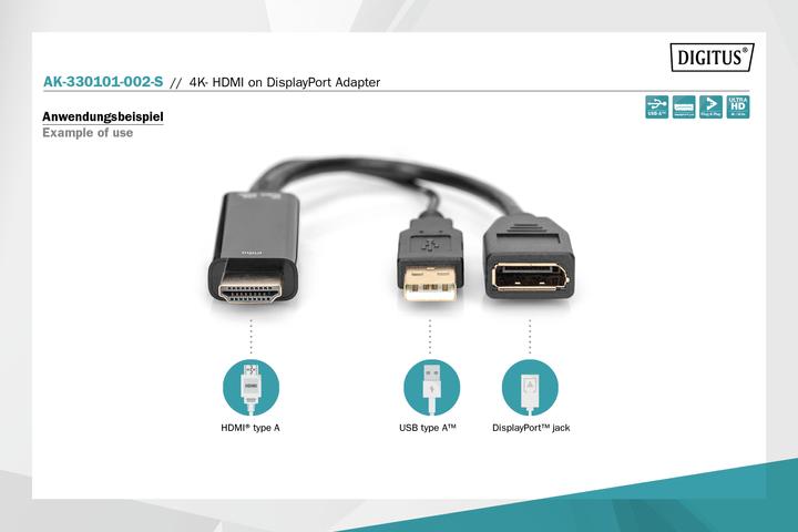 Actual product image Digitus HDMI - DisplayPort/USB A (0.20 m, HDMI, DisplayPort)