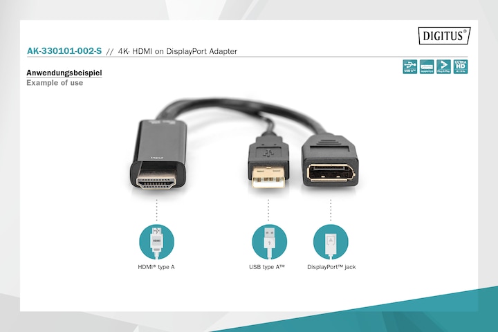 Produktbild Digitus HDMI – DisplayPort/USB A (0.20 m, HDMI, DisplayPort)