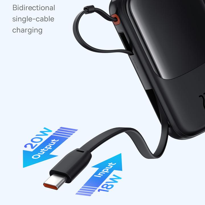 Produktbild Baseus Qpow Pro+ 10000 mAh 22,5 W Powerbank mit integriertem USB-C-Kabel und Display – Schwarz (10000 mAh, 22.50 W, 37 Wh)