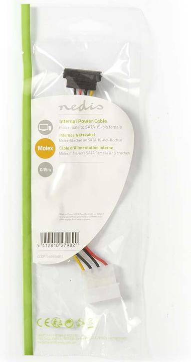 Actual product image Nedis Internal power cable | Molex male | SATA 15-pin female | Gold-plated | 0.15 m | Round | PVC | Me