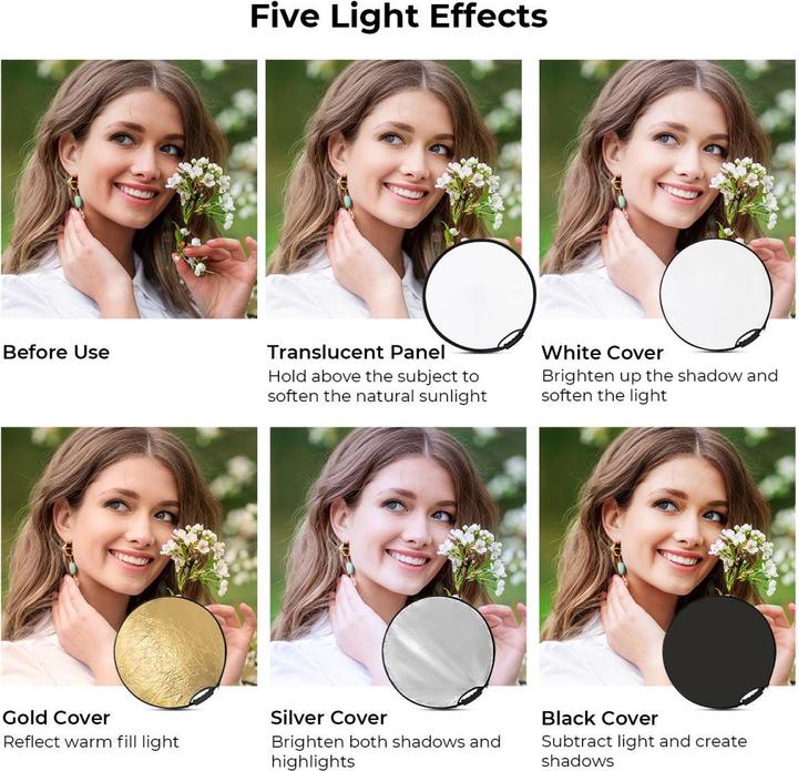 Produktbild K&F Concept 5 in 1 Circular Photography Reflector 107cm with Handle Grip Gold Sliver Black White Translucent Pa (110 cm)